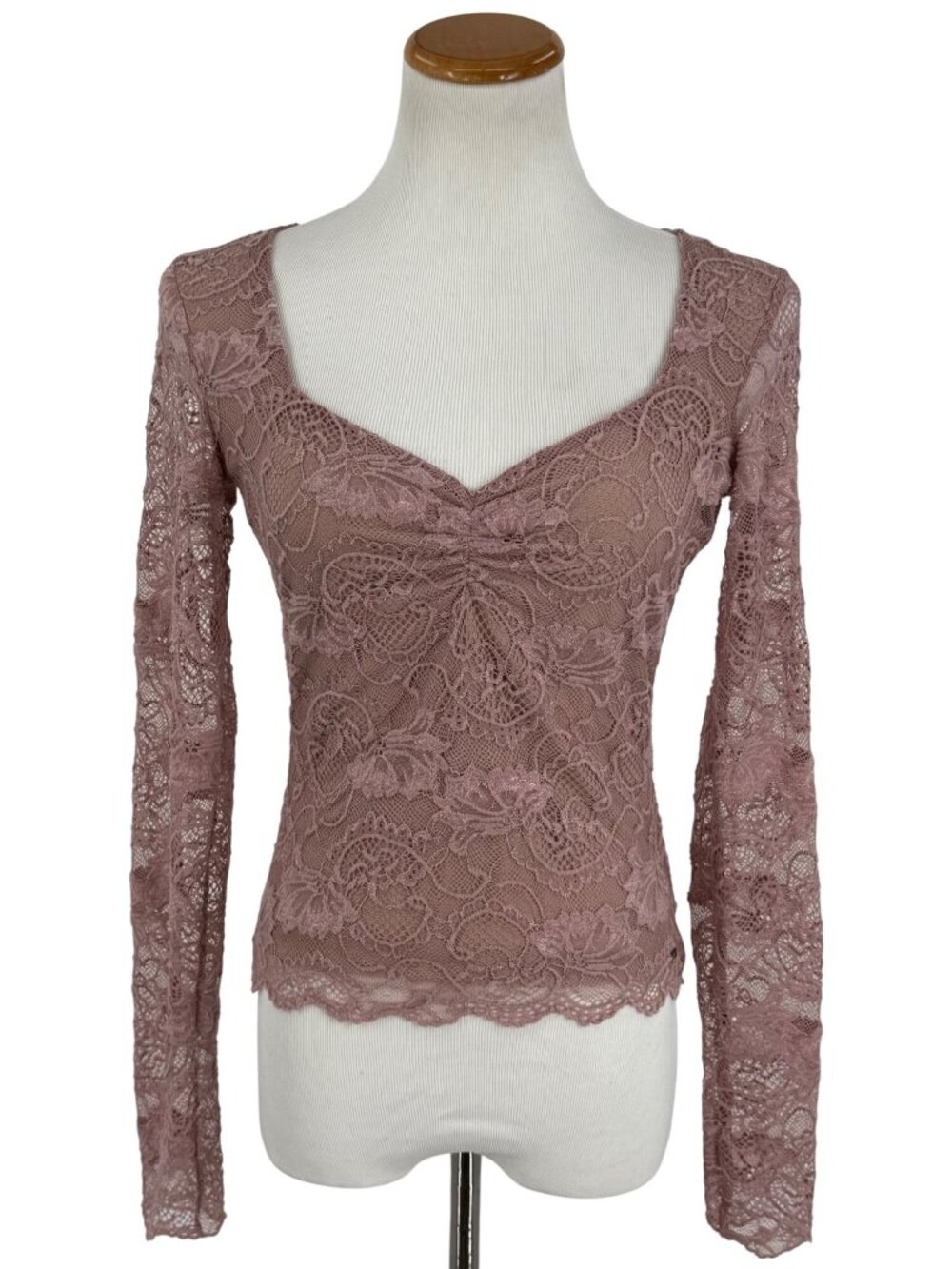 Guess Mauve Pink Floral Lace Sweetheart Neck Long Sleeve Fitted Top S